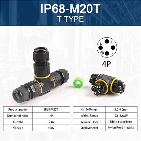 M20 T شكل موصل 3 دبوس 4 سلك كهربائي محطة سريعة للاتصال كابل في الهواء الطلق 1 قطعة (4P 5.0-9.0 مللي متر) in Kuwait