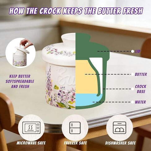 Butter Crock with Lid Butter Crock for Counter Ceramic Butter Dish for Keeps Butter French Butter Container Holder Purple Floral Butter Keeper Soft&Spreadablehome & Kitchen Decor (Lilac Floral) in Saudi Arabia