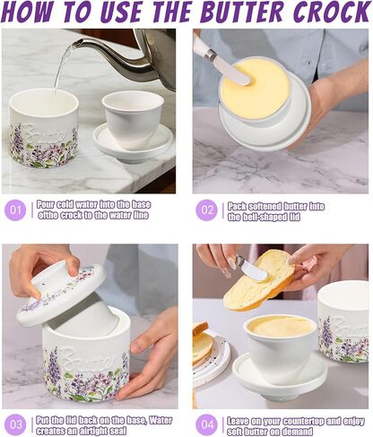 Butter Crock with Lid Butter Crock for Counter Ceramic Butter Dish for Keeps Butter French Butter Container Holder Purple Floral Butter Keeper Soft&Spreadablehome & Kitchen Decor (Lilac Floral) in Saudi Arabia