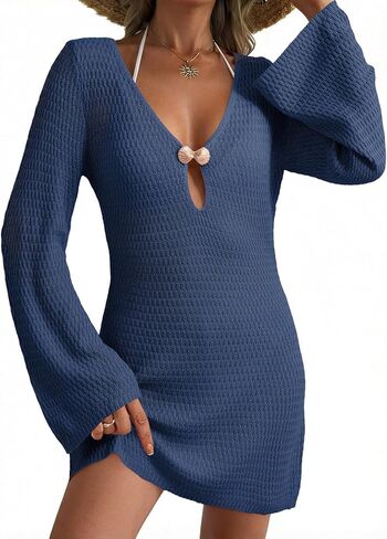 Dokotoo Beach Cover Ups for Women Sexy Deep V Neck Crochet Swimsuit Knit Hollow Out Cover Up Dress Summer Vacation in Saudi Arabia