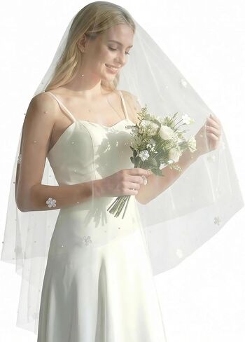 Wedding Veil for Bride 2Tier Pearl Bridal Veil Fingertip Length Flower Veils for Women Wedding in Saudi Arabia