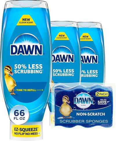سائل غسيل الأطباق Dawn Dish Soap EZ-Squeeze + إسفنجة مضادة للخدش للأطباق، رائحة أصلية، تتضمن زجاجات 3 × 22 أونصة + إسفنجتين in Saudi Arabia