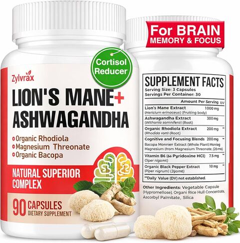 كبسولات مكملات Ashwagandha & Lions Mane، مكملات الدماغ للذاكرة والتركيز، Ashwagandha مع Rhodiola Rosea لدعم الإدراك والمناعة، مكملات الكورتيزول للنساء، 90 كبسولة in Kuwait