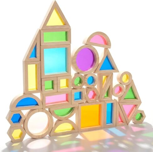 Wood Building Blocks Set for Kids, 32 Pcs Rainbow Stacker Stacking Game Construction Toys Set Preschool Colorful Learning Educational Toys, Geometry Wooden Blocks for Boys Girls in Saudi Arabia