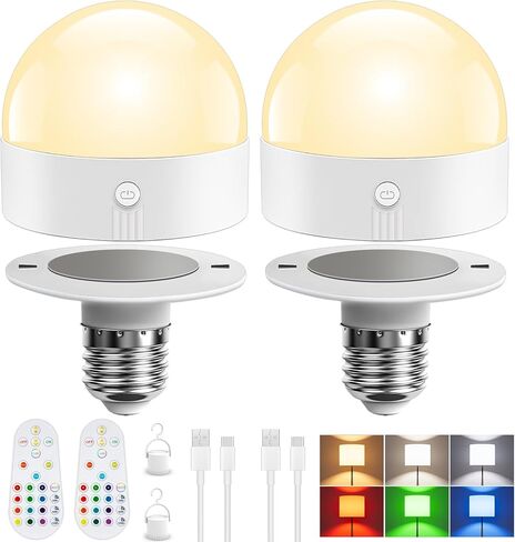 TJOY E26 Rechargeable Light Bulb with Remote and Timer, Battery Operated Bulb with 3 Color Temperatures and 15 RGB Colors, Dimmable Wireless LED Bulb for Lamps, Detachable Charging for Sconces, 2 Pack in Saudi Arabia