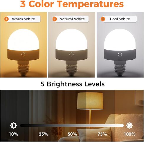 TJOY E26 Rechargeable Light Bulb with Remote and Timer, Battery Operated Bulb with 3 Color Temperatures and 15 RGB Colors, Dimmable Wireless LED Bulb for Lamps, Detachable Charging for Sconces, 2 Pack in Saudi Arabia
