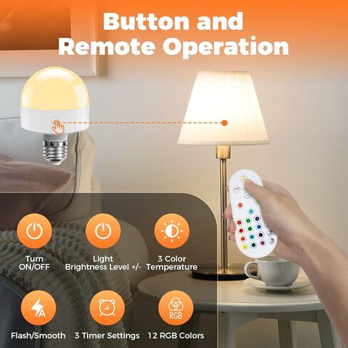 TJOY E26 Rechargeable Light Bulb with Remote and Timer, Battery Operated Bulb with 3 Color Temperatures and 15 RGB Colors, Dimmable Wireless LED Bulb for Lamps, Detachable Charging for Sconces, 2 Pack in Saudi Arabia