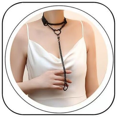 Heart O-ring Slip Chain Leather Choker Necklace for Women Punk Gothic Black Leather Collar Choker Long Necklace with Adjustable Lariat Y Necklace for Women in Saudi Arabia