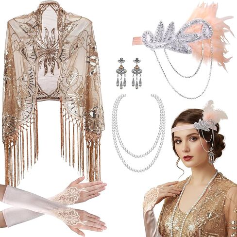 Zhanmai 5 Pcs 1920s Accessories Set Flapper Feather Headband Pearl Necklace Earrings Gloves Fringed Cape Scarf for Women in Saudi Arabia