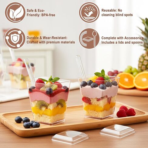 200 Pcs 5 oz Clear Plastic Dessert Cups with Lids & Spoons, Reusable Parfait & Appetizer Cups, Mini Dessert Shooters for Pudding, Yogurt, Jello, Ice Cream, Trifle & Fruit, For Party & Wedding in Saudi Arabia