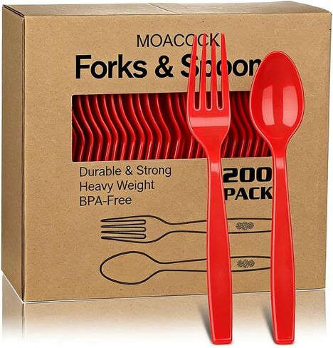 MOACOCK 200 Count Plastic Silverware, Heavy Weight Plastic Forks Spoons Disposable Utensils Cutlery Set for Wedding Party Supplies Everyday Use in Kuwait