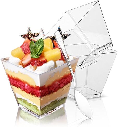 Hiasobre 50 Pack 3.5 oz Plastic Dessert Cups with Spoons, Mini Square Parfait Appetizer Cups, Reusable Small Shooter Cup, Clear Serving Bowls for Tasting Party Samples Dessert Shot Glasses in Saudi Arabia