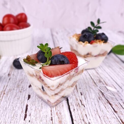 Hiasobre 50 Pack 3.5 oz Plastic Dessert Cups with Spoons, Mini Square Parfait Appetizer Cups, Reusable Small Shooter Cup, Clear Serving Bowls for Tasting Party Samples Dessert Shot Glasses in Saudi Arabia