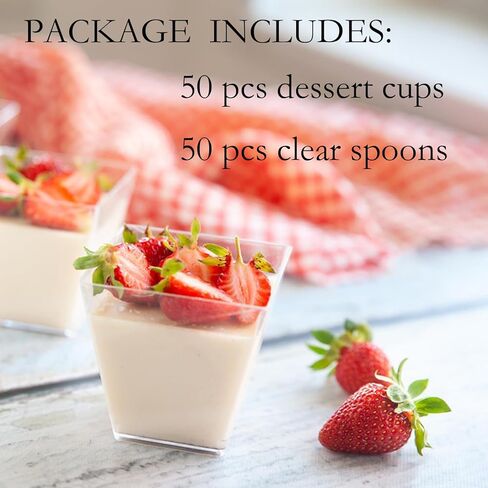Hiasobre 50 Pack 3.5 oz Plastic Dessert Cups with Spoons, Mini Square Parfait Appetizer Cups, Reusable Small Shooter Cup, Clear Serving Bowls for Tasting Party Samples Dessert Shot Glasses in Saudi Arabia