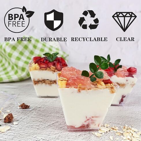 Hiasobre 50 Pack 3.5 oz Plastic Dessert Cups with Spoons, Mini Square Parfait Appetizer Cups, Reusable Small Shooter Cup, Clear Serving Bowls for Tasting Party Samples Dessert Shot Glasses in Saudi Arabia