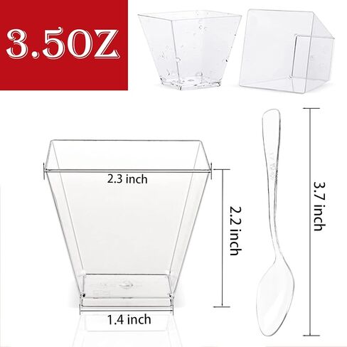 Hiasobre 50 Pack 3.5 oz Plastic Dessert Cups with Spoons, Mini Square Parfait Appetizer Cups, Reusable Small Shooter Cup, Clear Serving Bowls for Tasting Party Samples Dessert Shot Glasses in Saudi Arabia