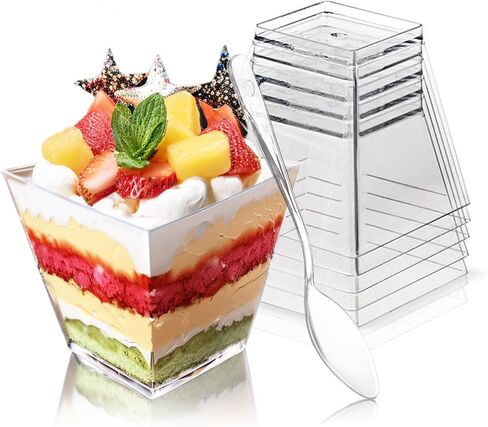 Hiasobre 50 Pack 3.5 oz Plastic Dessert Cups with Spoons, Mini Square Parfait Appetizer Cups, Reusable Small Shooter Cup, Clear Serving Bowls for Tasting Party Samples Dessert Shot Glasses in Saudi Arabia