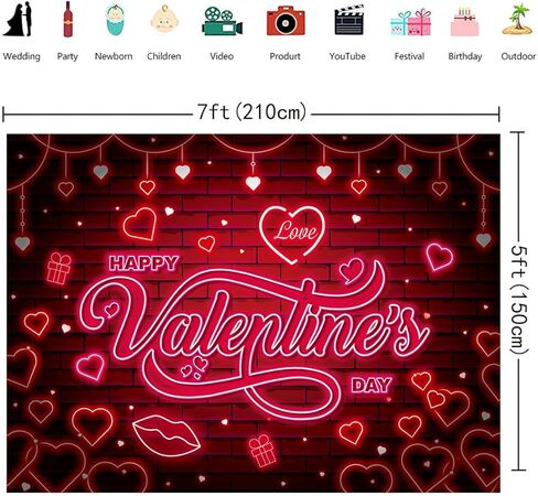 عيد الحب سعيد BANNER BASHDROP 7x5ft Red Glitter Heart Neon عيد الحب الخلفية الخلفية in Kuwait