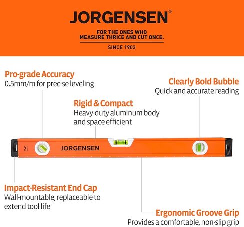 JORGENSEN 3-Piece Non-Magnetic Aluminum Spirit Level Set (No LED), 12"/24"/48" Precision Torpedo Levels with 45°/90°/180° Bubble Vials, Shockproof End Caps & Machined Base for Construction, Carpentry in Saudi Arabia