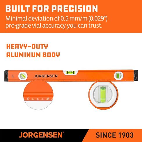 JORGENSEN 3-Piece Non-Magnetic Aluminum Spirit Level Set (No LED), 12"/24"/48" Precision Torpedo Levels with 45°/90°/180° Bubble Vials, Shockproof End Caps & Machined Base for Construction, Carpentry in Saudi Arabia