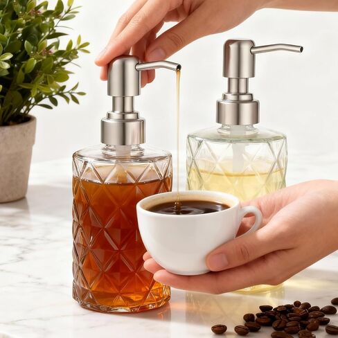 مجموعة موزع شراب زجاجي 12oz مع مضخات فضية غير قابلة للصدأ، 2 عبوة موزع دي جارابي بارا كافيه قابل لإعادة الملء لبار القهوة المنزلي والعسل ونكهات القيقب والمشروبات in Kuwait