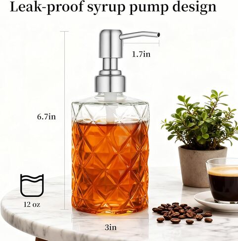 مجموعة موزع شراب زجاجي 12oz مع مضخات فضية غير قابلة للصدأ، 2 عبوة موزع دي جارابي بارا كافيه قابل لإعادة الملء لبار القهوة المنزلي والعسل ونكهات القيقب والمشروبات in Kuwait