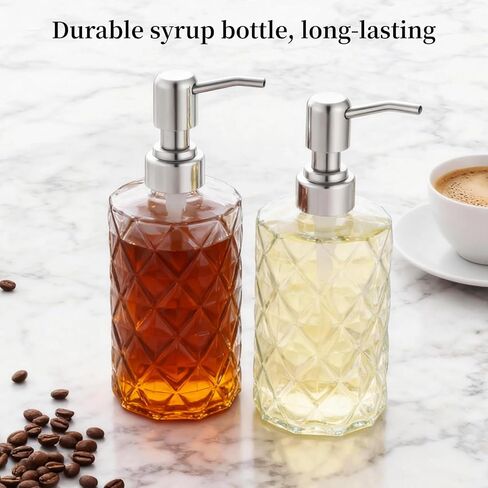 مجموعة موزع شراب زجاجي 12oz مع مضخات فضية غير قابلة للصدأ، 2 عبوة موزع دي جارابي بارا كافيه قابل لإعادة الملء لبار القهوة المنزلي والعسل ونكهات القيقب والمشروبات in Kuwait