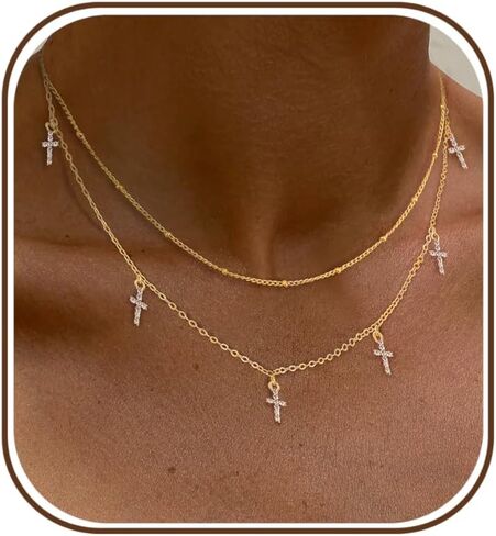 Layered Necklaces For Women,Dainty Gold Plated Necklace Stack Prom Layering Necklaces For Women Trendy Chain Cross Choker Necklace Set Fashion Accessories in Saudi Arabia