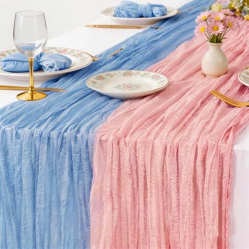 JarThenaAMCS 2 Pcs Pink Blue Cheesecloth Table Runner Boho Baby Shower Gauze Cheese Cloths Table Cover Kitchen Dining Tables Decoration for Wedding Gender Reveal Party, 35.4 x 118.1 Inch in Saudi Arabia