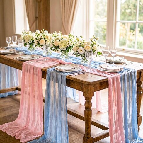 JarThenaAMCS 2 Pcs Pink Blue Cheesecloth Table Runner Boho Baby Shower Gauze Cheese Cloths Table Cover Kitchen Dining Tables Decoration for Wedding Gender Reveal Party, 35.4 x 118.1 Inch in Saudi Arabia