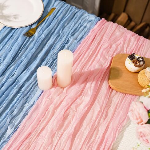 JarThenaAMCS 2 Pcs Pink Blue Cheesecloth Table Runner Boho Baby Shower Gauze Cheese Cloths Table Cover Kitchen Dining Tables Decoration for Wedding Gender Reveal Party, 35.4 x 118.1 Inch in Saudi Arabia