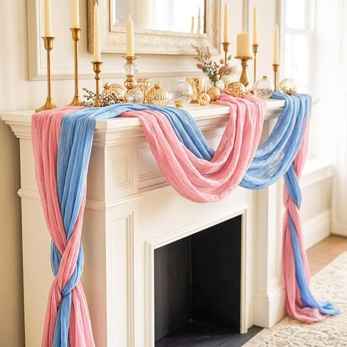 JarThenaAMCS 2 Pcs Pink Blue Cheesecloth Table Runner Boho Baby Shower Gauze Cheese Cloths Table Cover Kitchen Dining Tables Decoration for Wedding Gender Reveal Party, 35.4 x 118.1 Inch in Saudi Arabia