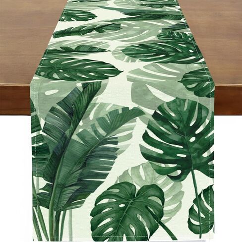 مفرش طاولة زنبركي من Baccessor، مفرش طاولة Monstera Banana Green Leaf لطاولة العطلات الموسمية والمنزل والمطبخ وتناول الطعام مقاس 13 × 48 بوصة in Kuwait