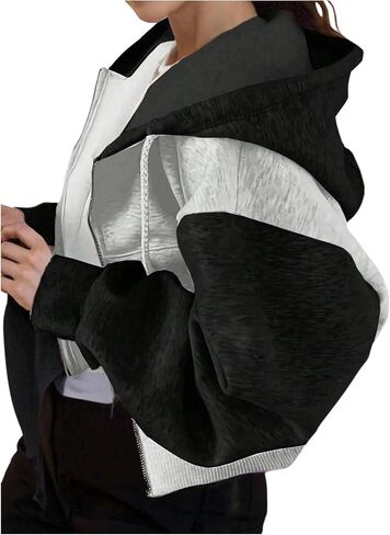 SweatyRocks Women's Cropped Zip Up Hoodies Fleece Color Block Drawstring Long Sleeve Jackets with Pocket in Saudi Arabia