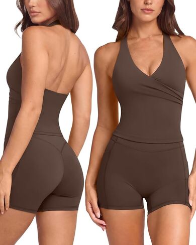 SUUKSESS Women 2 Piece Halter Open Back Workout Sets Padded Tank Top High Waisted Tummy Control Biker Shorts with Pockets in Saudi Arabia