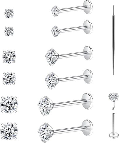 G23 Titanium Flat Back Stud Earrings, 18G 6/8/10mm Threadless CZ Tragus Cartilage Conch or Lip Labret Piercing Jewelry, 3 Pairs Hypoallergenic for Women and Men in Saudi Arabia