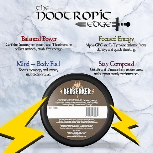 Berserker Focus Pouches - Valhalla Vanilla - Caffeine Infused - 100mg Per Pouch - Nootropic Enhanced - 10 Pack - Tobacco & Nicotine Free - Energy Drink Replacement in Saudi Arabia