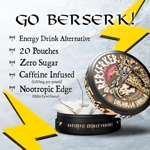 Berserker Focus Pouches - Valhalla Vanilla - Caffeine Infused - 100mg Per Pouch - Nootropic Enhanced - 10 Pack - Tobacco & Nicotine Free - Energy Drink Replacement in Saudi Arabia