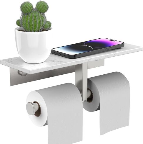 BWE Double Toilet Paper Holder with Shelf, Wall Mounted Tissue Roll Holder for Bathroom, Commercial Toilet Paper Dispenser, Marble Toilet Paper Storage Holder with Phone Shelf (Matte Black) in Saudi Arabia