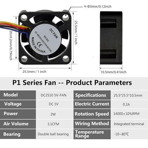 طابعة ثلاثية الأبعاد DC5V 2510 مروحة تبريد Hotend لمختبر Bambu P1P/P1S، تيار 25x25x10 مم 0.2 أمبير للطابعة ثلاثية الأبعاد، أجزاء ملحقات الطابعة ثلاثية الأبعاد بمروحة التبريد مع خط كابل 70 مم و14000 ± 10% دورة في الدقيقة in Kuwait