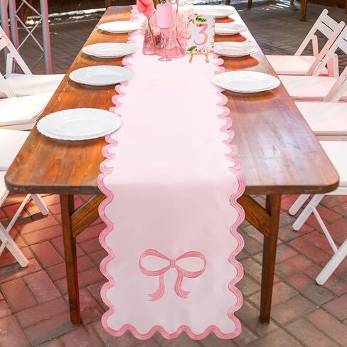 Pink Bow Table Runner 72 Inches Cute Embroidery Scalloped Table Runner Coquette Dining Decor for Wedding Birthday Baby Shower Spring Summer Home Decor in Saudi Arabia