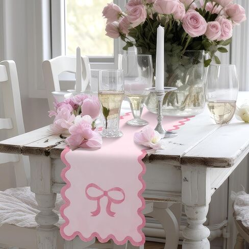 Pink Bow Table Runner 72 Inches Cute Embroidery Scalloped Table Runner Coquette Dining Decor for Wedding Birthday Baby Shower Spring Summer Home Decor in Saudi Arabia