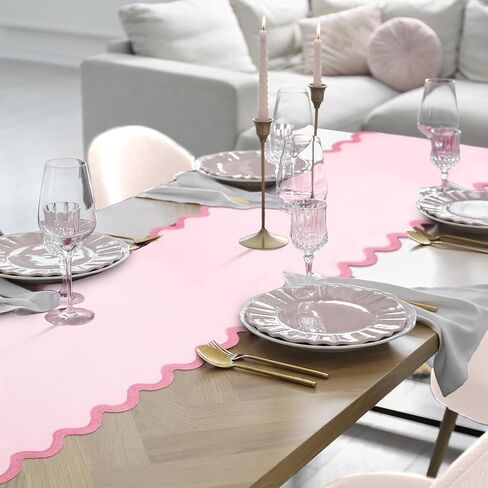 Pink Bow Table Runner 72 Inches Cute Embroidery Scalloped Table Runner Coquette Dining Decor for Wedding Birthday Baby Shower Spring Summer Home Decor in Saudi Arabia