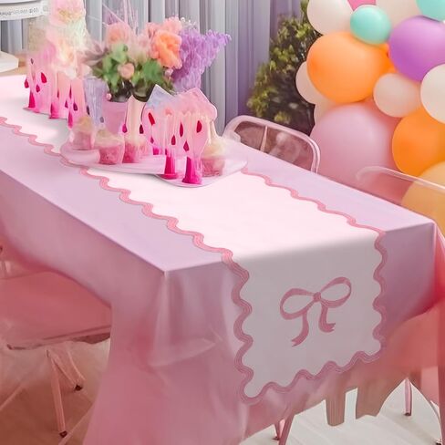 Pink Bow Table Runner 72 Inches Cute Embroidery Scalloped Table Runner Coquette Dining Decor for Wedding Birthday Baby Shower Spring Summer Home Decor in Saudi Arabia