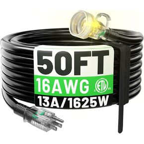 POWGRN 150FT 16 3 سلك تمديد خارجي مقاوم للماء، سلك تمديد مرن 3 شقوق مقاوم للطقس البارد، 10 أمبير 1250 وات، أسود ETL in Kuwait