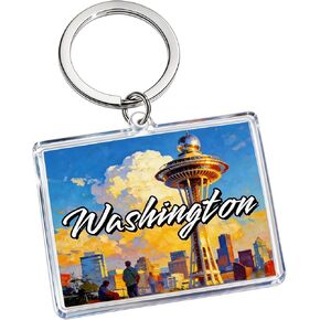 Washington Acrylic Keychain, Rectangular Souvenir with Space Needle Illustration, 1.97 x 1.57 Inches, Lightweight in Saudi Arabia