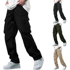 Mens Cargo Pants Casuals Elastic Waist Tactical Workout Joggers Cotton Sweatpants Stretch Drawstrings with Pockets in Kuwait