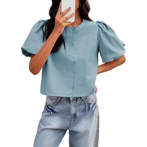 Tankaneo Womens Cropped Tops Puff Sleeve Button Down Shirts Trendy Casual Loose Fit Cute Blouse in Saudi Arabia
