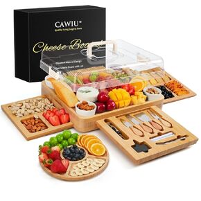 لوح تشاركوتيري مع غطاء من CAWIU - مجموعة ألواح جبن الخيزران الكبيرة مع أواني وأدراج - تدفئة المنزل، هدايا الزفاف للأزواج، صينية تقديم مع غطاء (أسود) in Kuwait