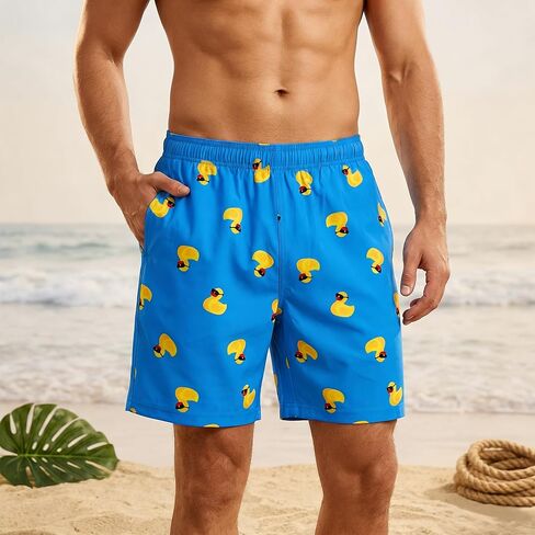 Men's Swim Trunks Elastic Waistband with Inner Drawstring Smooth Fit Ducks Print Quick Dry Beach Shorts in Saudi Arabia
